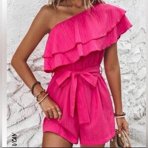 SHEIN Pink One-Shoulder Ruffle Romper